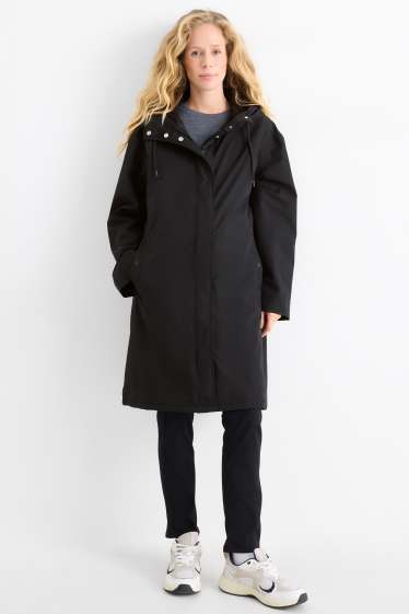 Damen - Regenparka mit Kapuze - gefüttert - wasserdicht - schwarz