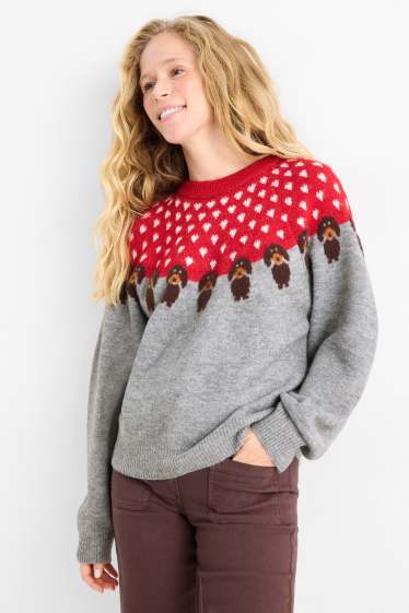 Dames - Trui - rood / grijs