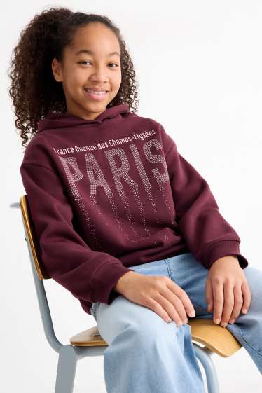 Enfants filles - Paris - sweat à capuche avec pierres de strass - bordeaux