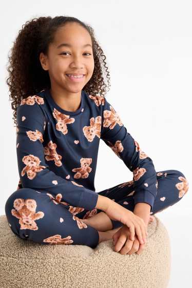 Kinderen: meisjes - Teddybeer - pyjama - 2-delig - donkerblauw