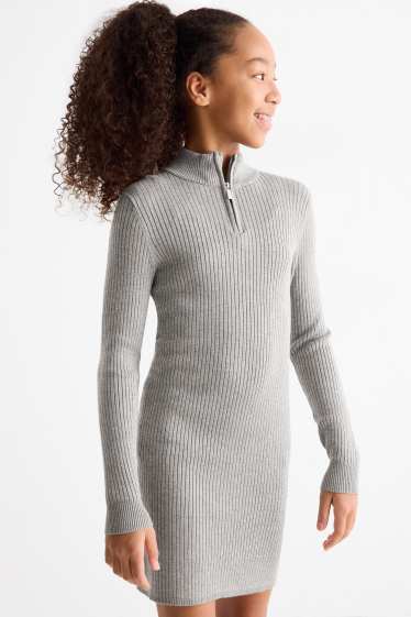 Kinder Mädchen - Strickkleid - gerippt - hellgrau-melange