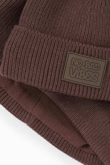 Děti - chlapci - Souprava - čepice a tunelová šála - 2dílná - žebrovaná - tmavohnědá