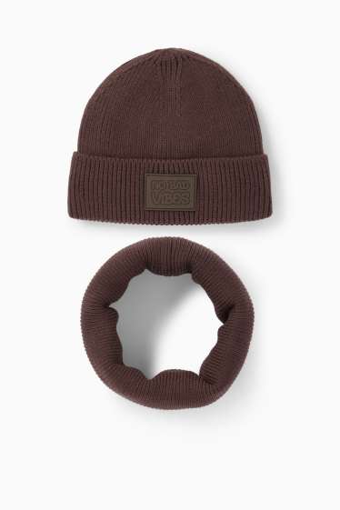 Děti - chlapci - Souprava - čepice a tunelová šála - 2dílná - žebrovaná - tmavohnědá