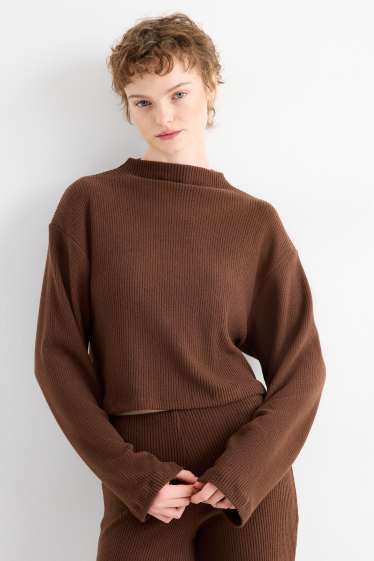 Mujer - Camiseta de manga larga - regular fit - de canalé - marrón