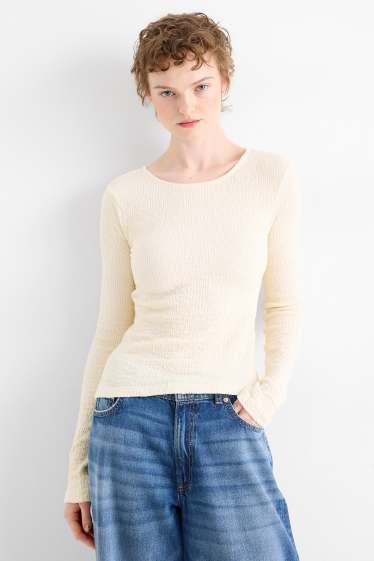 Femmes - Haut à manches longues - slim fit - texturé - blanc crème
