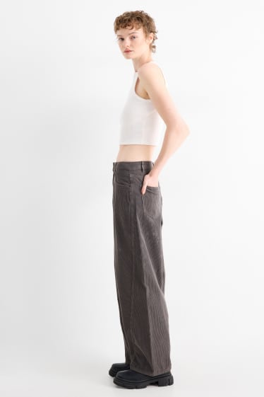 Femmes - Pantalon de velours côtelé - mid waist - barrel leg - gris foncé