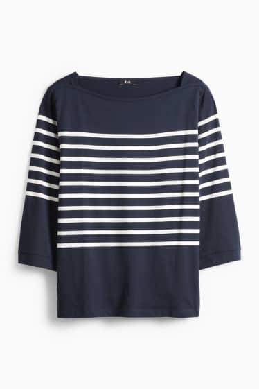 Dámské - Tričko s dlouhým rukávem basic - regular fit - pruhované - tmavomodrá/bílá