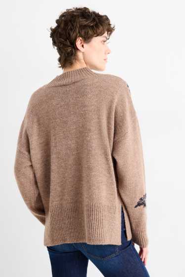 Femei - Pulover - aspect lucios - cu flori - maro