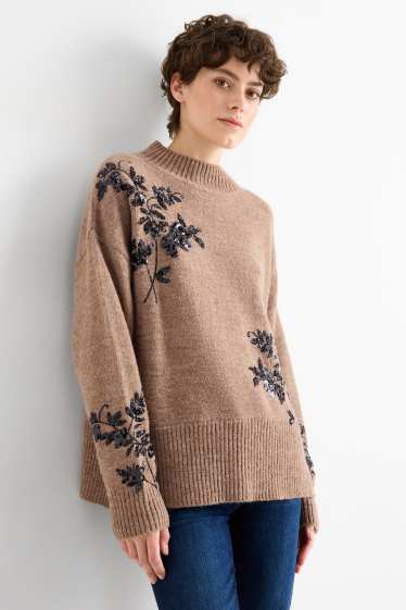 Femei - Pulover - aspect lucios - cu flori - maro