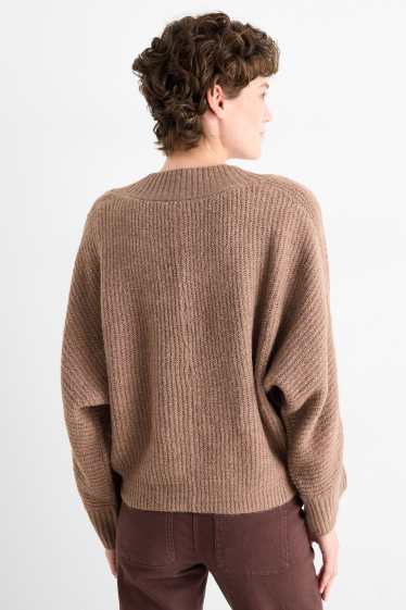 Dames - Trui met V-hals - geribd - lichtbruin