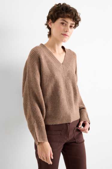 Dames - Trui met V-hals - geribd - lichtbruin