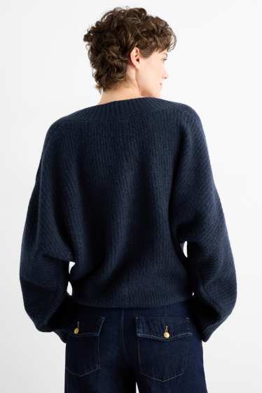 Women - V-neck jumper - ribbed - dark blue