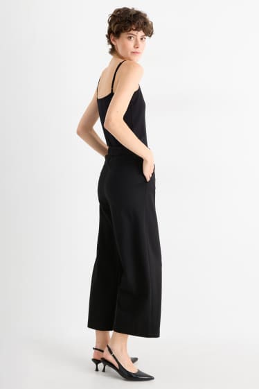 Dámské - Žerzejové kalhoty s páskem - high waist - wide leg - černá