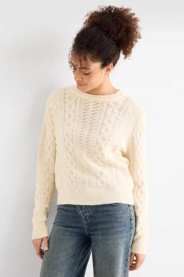 Femmes - Pull - motif tressé - blanc crème