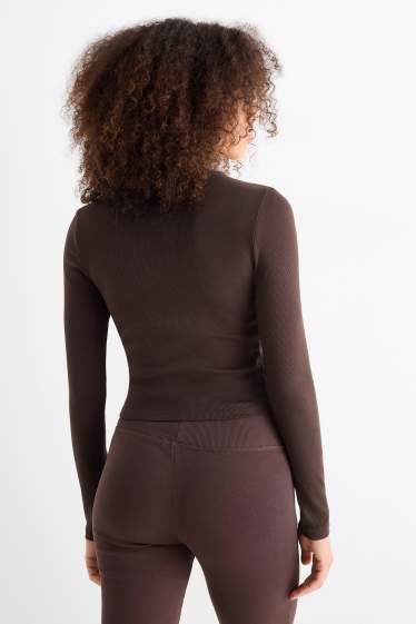 Dames - Korte longsleeve - geribd - donkerbruin