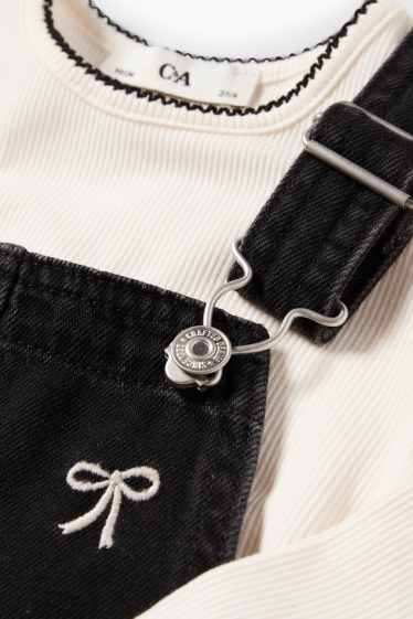 Copii - Fete - Fundă - set - tricou cu mânecă lungă și rochie-salopetă din denim - 2 piese - alb / negru