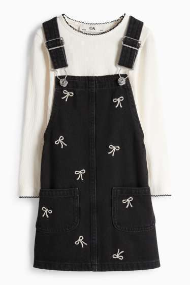 Copii - Fete - Fundă - set - tricou cu mânecă lungă și rochie-salopetă din denim - 2 piese - alb / negru