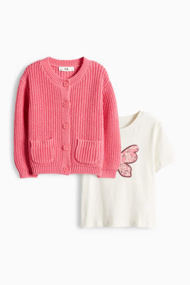 Kinderen: meisjes - Vlinder - set - T-shirt en vest - wit / fuchsiarood