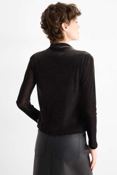 Femmes - Haut à manches longues en velours orné de pierres de strass - regular fit - noir