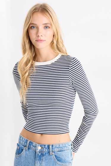 Dámské - Krátké tričko s dlouhým rukávem - slim fit - žebrované - pruhované - tmavomodrá/bílá