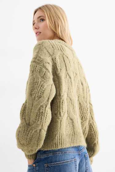 Dámské - Pletený kardigan - s copánkovým vzorem - světle zelená