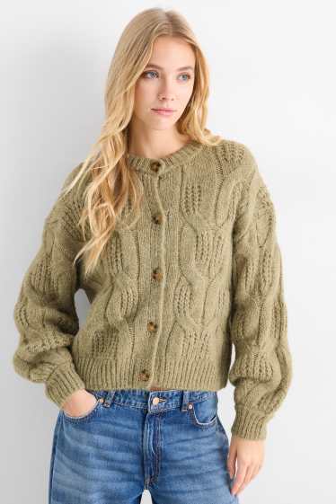 Dámské - Pletený kardigan - s copánkovým vzorem - světle zelená