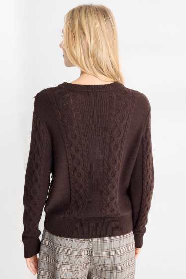 Women - Jumper - cable knit pattern - dark brown