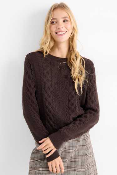 Women - Jumper - cable knit pattern - dark brown