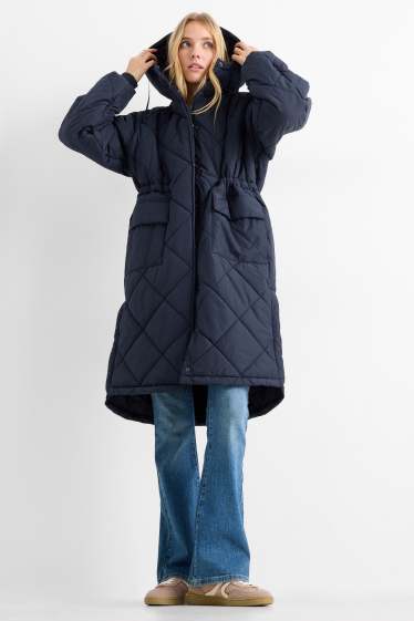Damen - Steppmantel mit Kapuze - dunkelblau