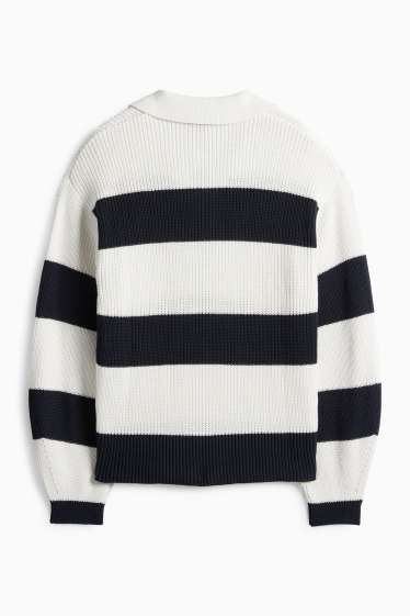 Dámské - Svetr s výstřihem ve tvaru V - žebrovaný - pruhovaný - bílá/černá