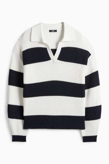 Dámské - Svetr s výstřihem ve tvaru V - žebrovaný - pruhovaný - bílá/černá