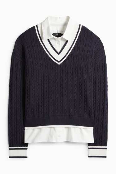 Women - Jumper - 2-in-1 look - cable knit pattern - dark blue