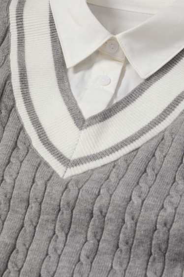 Women - Jumper - 2-in-1 look - cable knit pattern - light gray-melange