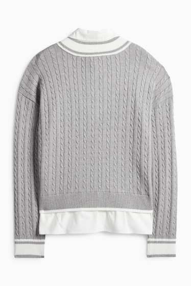 Women - Jumper - 2-in-1 look - cable knit pattern - light gray-melange