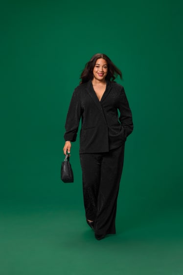 Femmes - Pantalon - high waist - wide leg - effet brillant - noir
