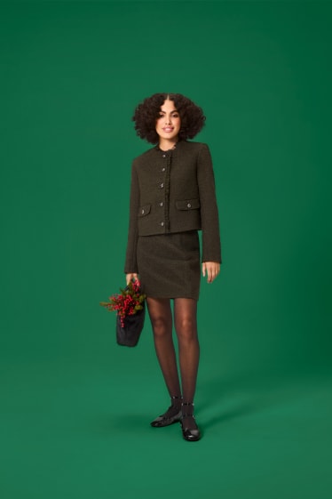 Dames - Korte bouclé blazer - regular fit - donkergroen