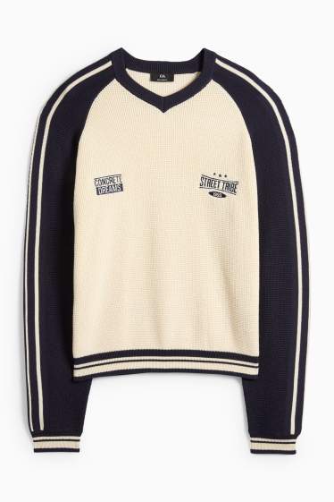 Herren - Pullover mit V-Ausschnitt - strukturiert - schwarz / beige