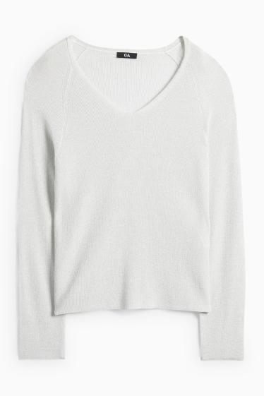 Femei - Pulover cu decolteu în V - alb ca zăpada