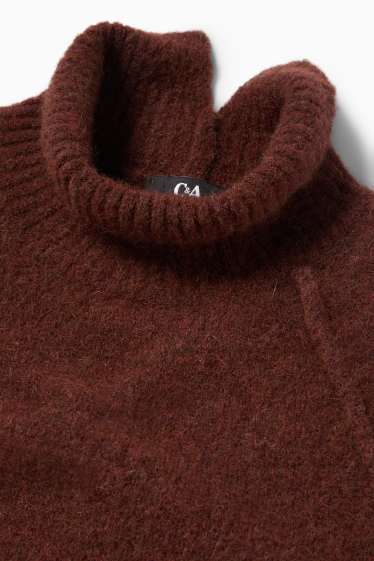 Dámské - Svetr se stojáčkem - směs alpakové vlny - tmavohnědá