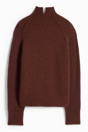 Dámské - Svetr se stojáčkem - směs alpakové vlny - tmavohnědá