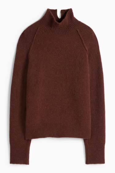 Dámské - Svetr se stojáčkem - směs alpakové vlny - tmavohnědá