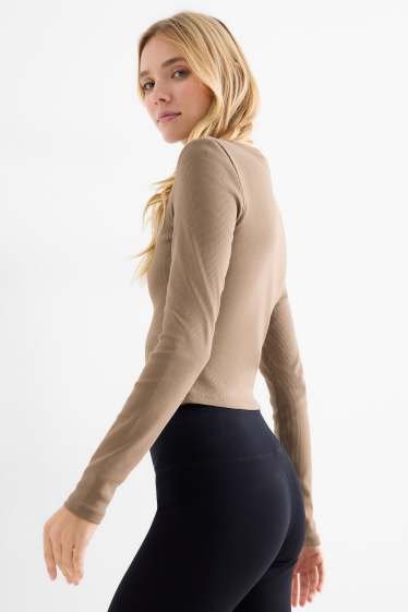 Dámské - Krátké tričko s dlouhým rukávem - slim fit - žebrované - taupe