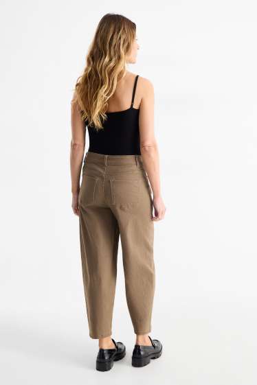 Women - Cloth trousers - mid-rise waist - barrel leg - denim-brown