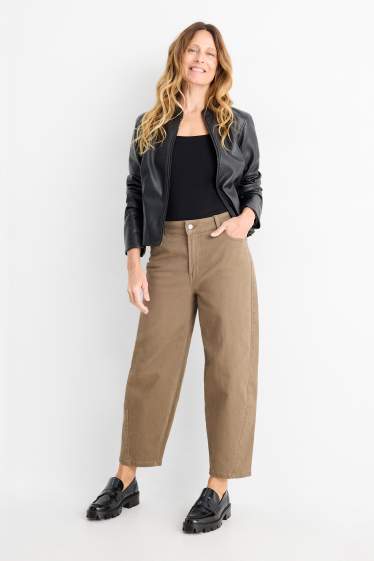 Women - Cloth trousers - mid-rise waist - barrel leg - denim-brown