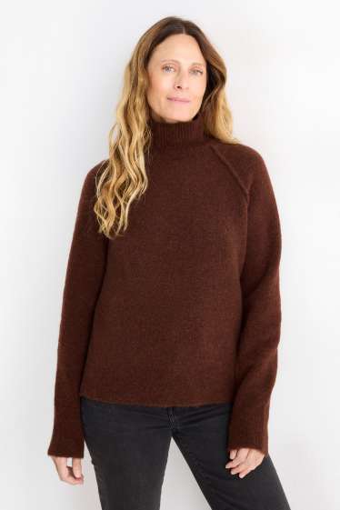 Dámské - Svetr se stojáčkem - směs alpakové vlny - tmavohnědá
