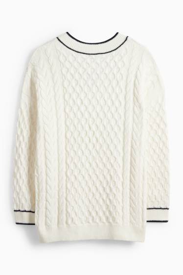 Dámské - Svetr s výstřihem ve tvaru V - s copánkovým vzorem - krémově bílá