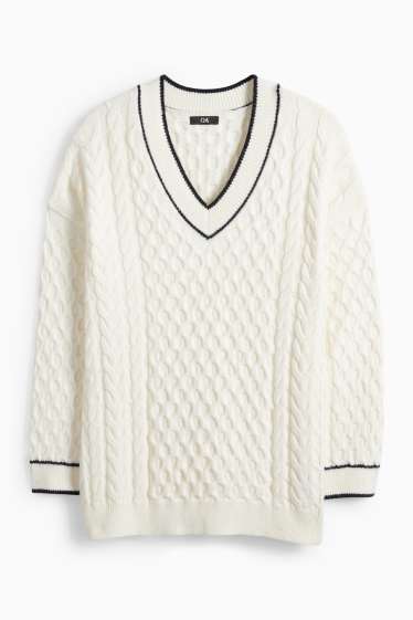 Dámské - Svetr s výstřihem ve tvaru V - s copánkovým vzorem - krémově bílá