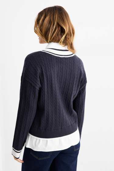 Women - Jumper - 2-in-1 look - cable knit pattern - dark blue