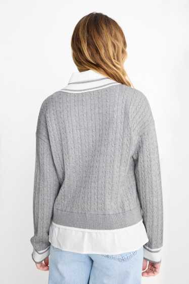 Women - Jumper - 2-in-1 look - cable knit pattern - light gray-melange