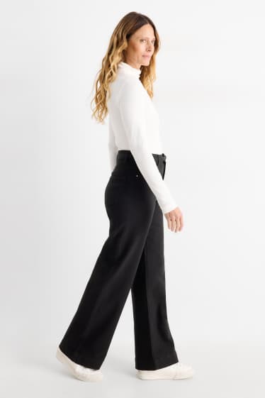 Dámské - Plátěné kalhoty s páskem - high waist - wide leg - černá